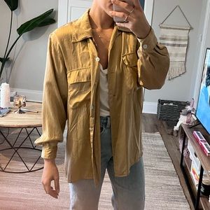 Gold Silk Long Sleeve Button Down Shirt Size Large